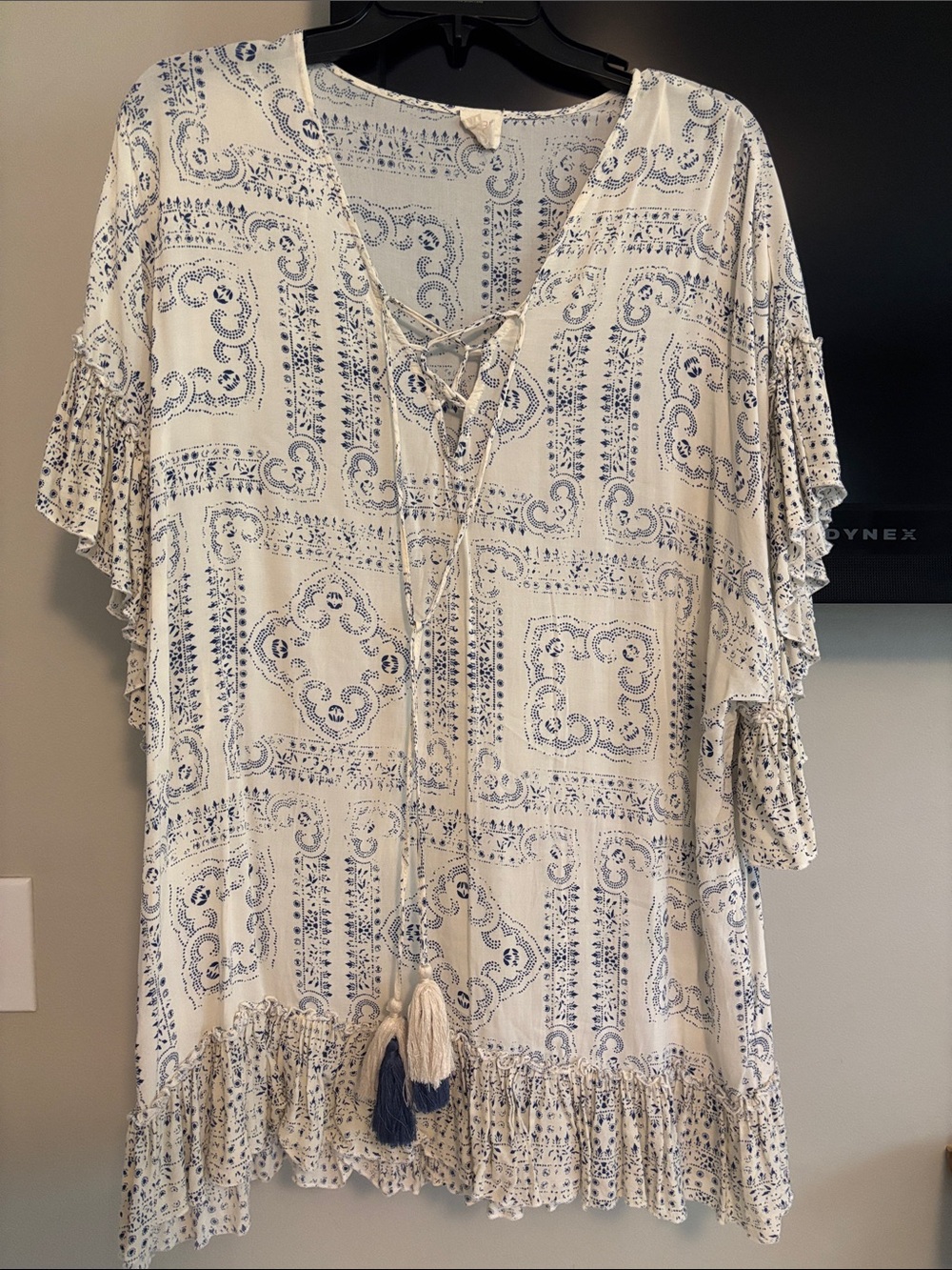 Swim cover up-Boho Lace-Up Ruffle Tunic - Blue on Cream